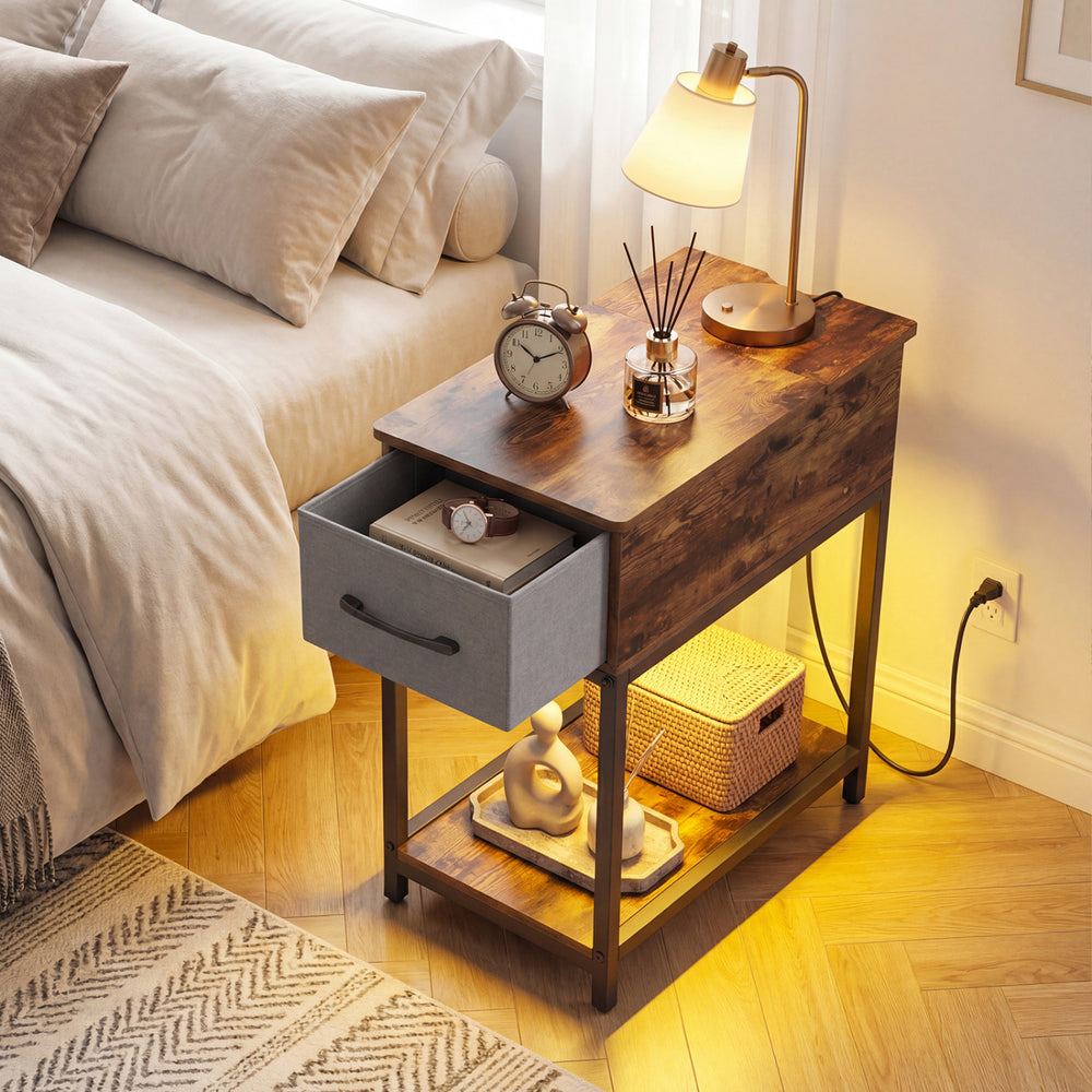 Narrow side table with LED lights, brown finish, features a drawer and open shelf for storage, perfect for small spaces.