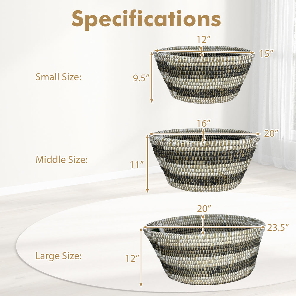 Stackable set of 3 natural canes grass baskets with hollowed handles for convenient storage and organization.