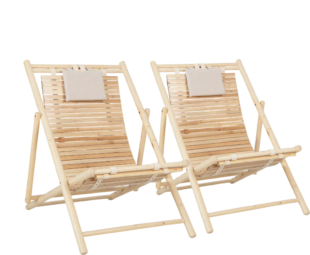 Natural solid fir wood lounge chairs with adjustable backrests and padded headrests, perfect for outdoor relaxation by.