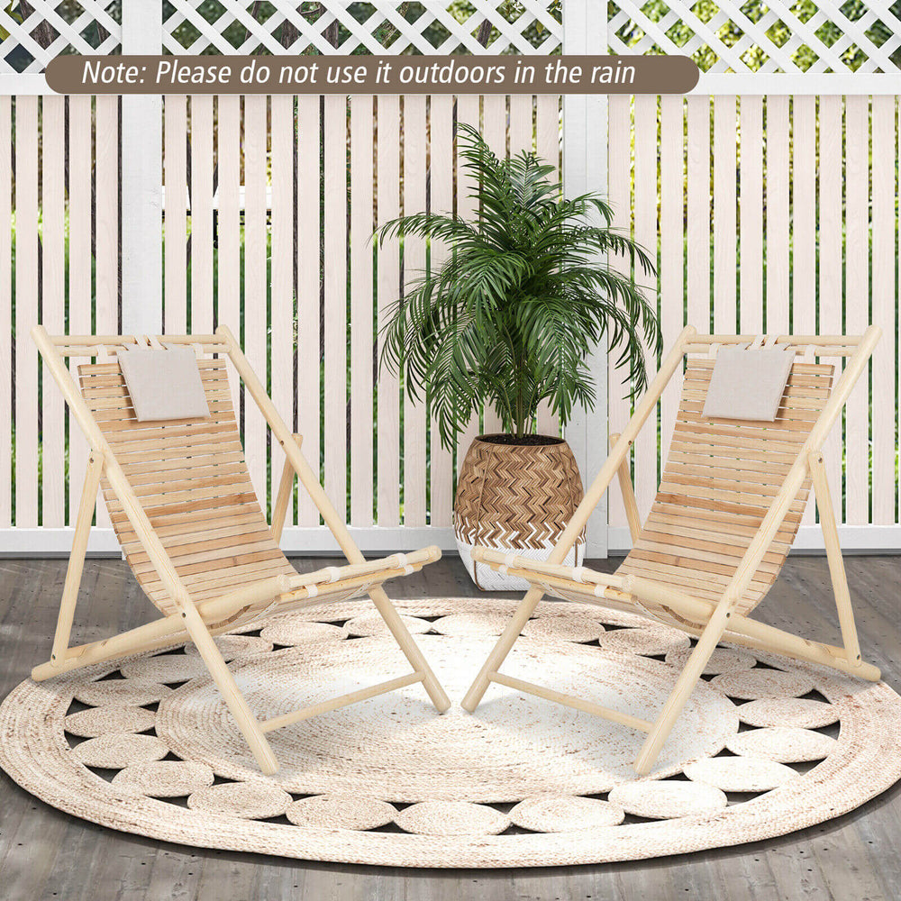 Solid fir wood lounge chairs with 3-level adjustable backrest and padded headrest, perfect for garden relaxation.