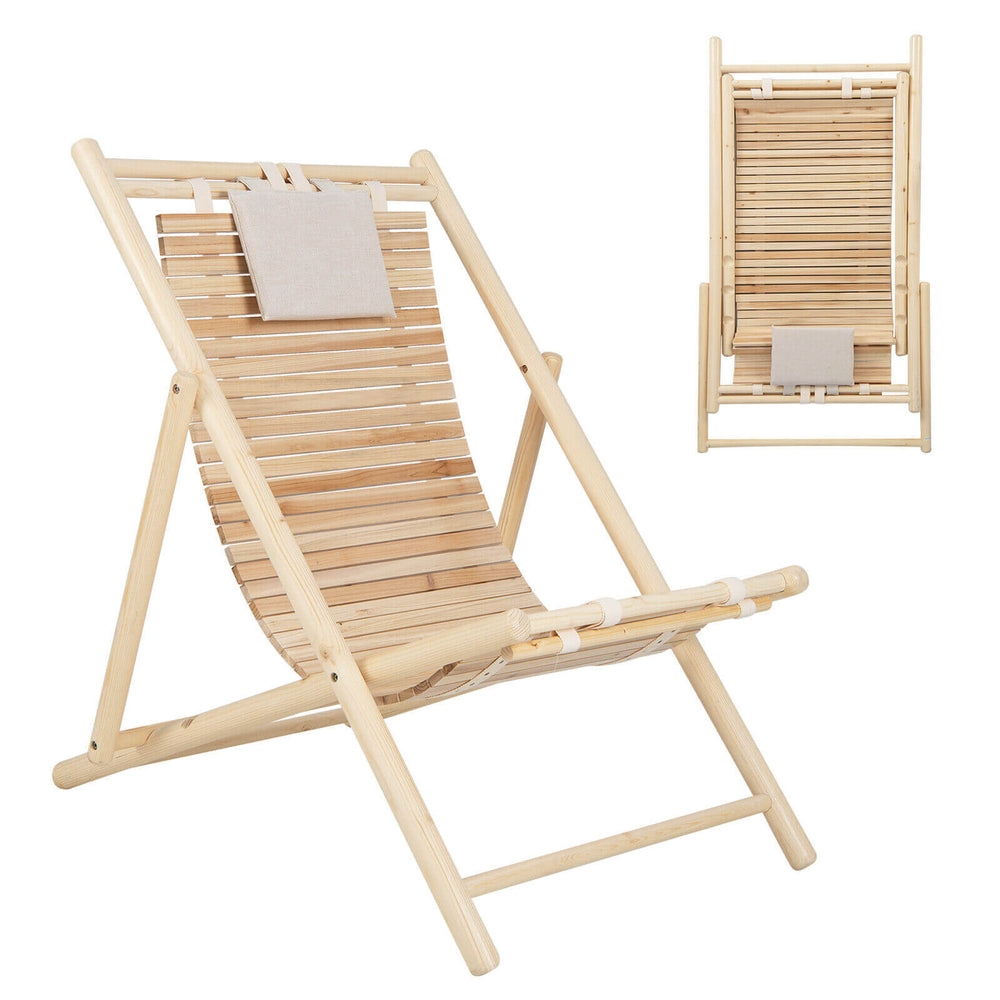 Solid fir wood lounge chair with a 3-level adjustable backrest and soft padded headrest, perfect for outdoor relaxation.