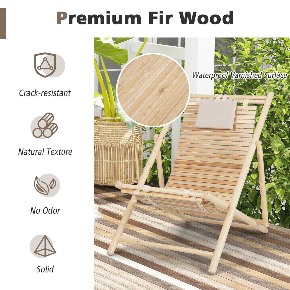 Solid fir wood lounge chair with adjustable backrest and soft padded headrest, perfect for garden or backyard.