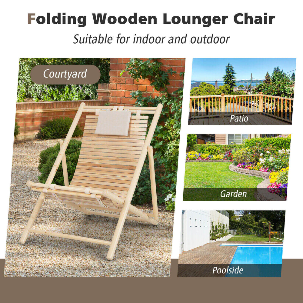 Solid fir wood lounge chair with a 3-level adjustable backrest and soft padded headrest, perfect for patio or garden.