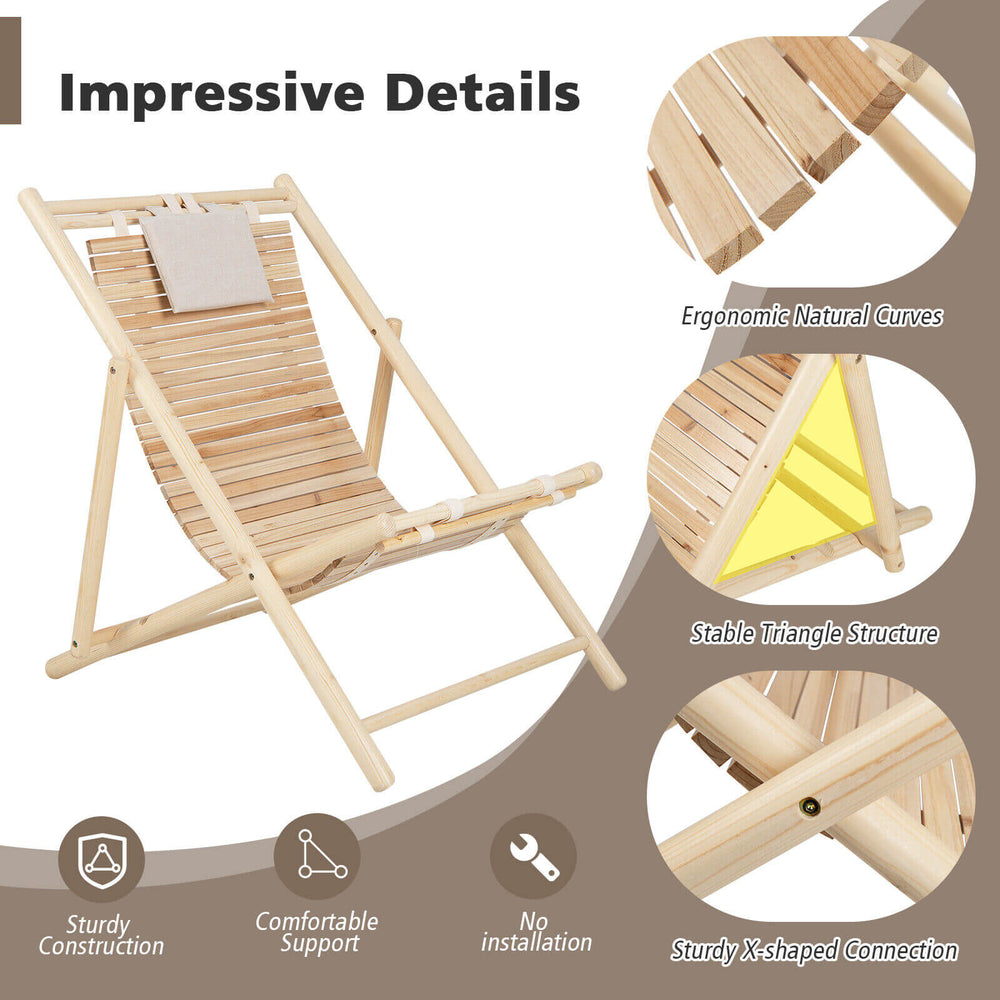 Solid fir wood lounge chair with adjustable backrest and padded headrest, ideal for garden or backyard relaxation.