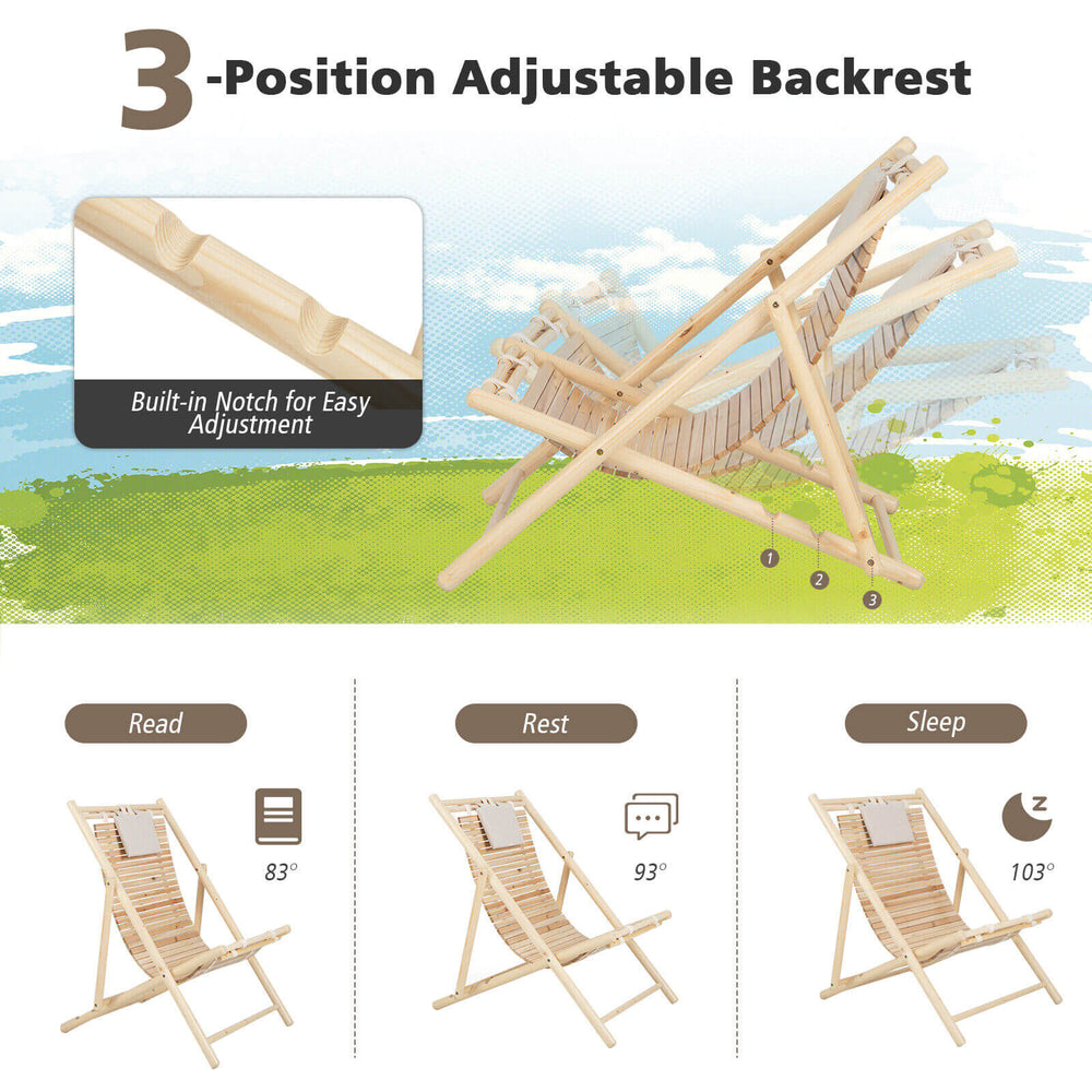 Solid fir wood lounge chair with 3-level adjustable backrest, ergonomic design, and soft padded headrest for outdoor.