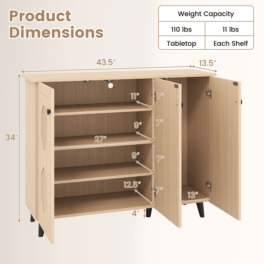 Natural shoe cabinet with three doors, featuring a modern design, ample storage for various footwear, and safety enhancements.