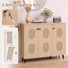 Natural shoe cabinet with three doors and hollow out panels, perfect for entryway storage and safety with anti-tipping kits.