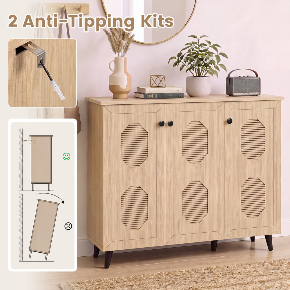 Natural shoe cabinet with three doors and hollow out panels, perfect for entryway storage and safety with anti-tipping kits.