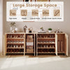 Natural shoe cabinet with three doors, offering large storage space for various footwear in a modern entryway.