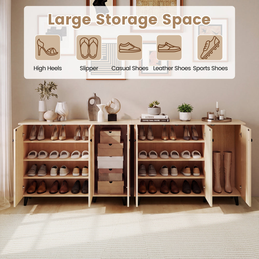 Natural shoe cabinet with three doors, offering large storage space for various footwear in a modern entryway.