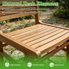 Natural teak armless patio chair with slatted seat and slanted back, offering ergonomic comfort for outdoor spaces.