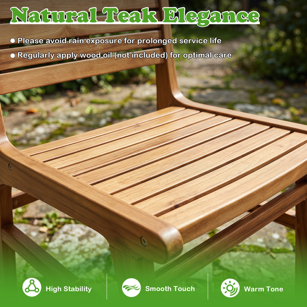 Natural teak armless patio chair with slatted seat and slanted back, offering ergonomic comfort for outdoor spaces.