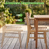 Natural wood armless patio chair with slanted back, showcasing space-saving design for outdoor use on patio or deck.