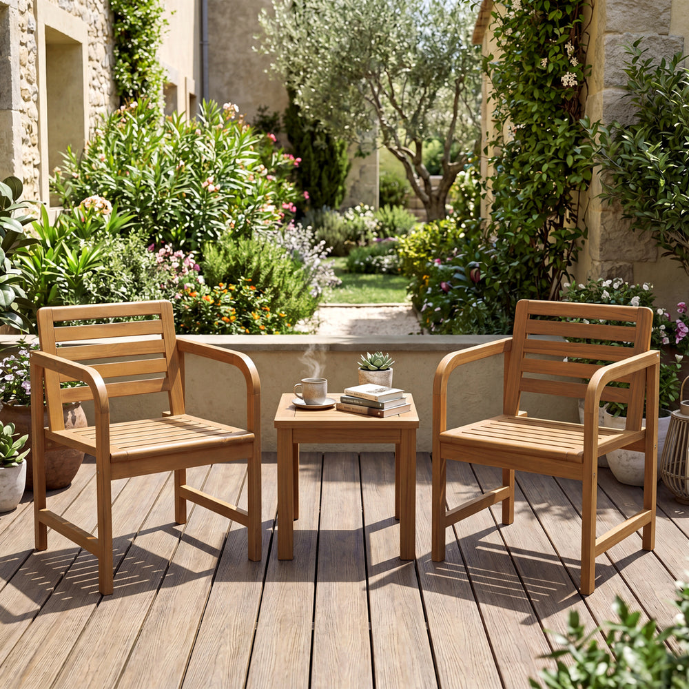 Natural wood patio armchairs with slatted seats and slanted backs, perfect for outdoor relaxation on a deck or balcony.