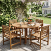 Natural wood patio armchair with slanted back and slatted seat, perfect for outdoor lounging on the deck or patio.
