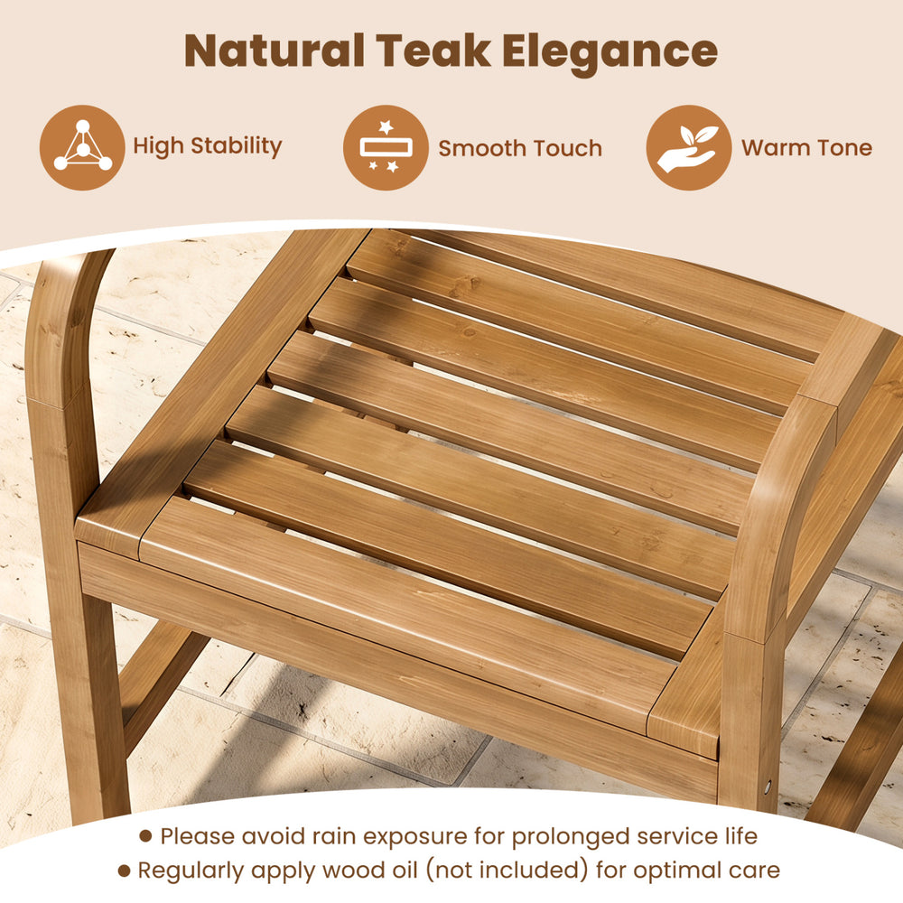Natural teak patio armchair with slanted back and slatted seat, offering ergonomic comfort for outdoor lounging.
