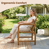 Natural wood patio armchair with slanted backrest and slatted seat for ergonomic comfort in outdoor spaces.