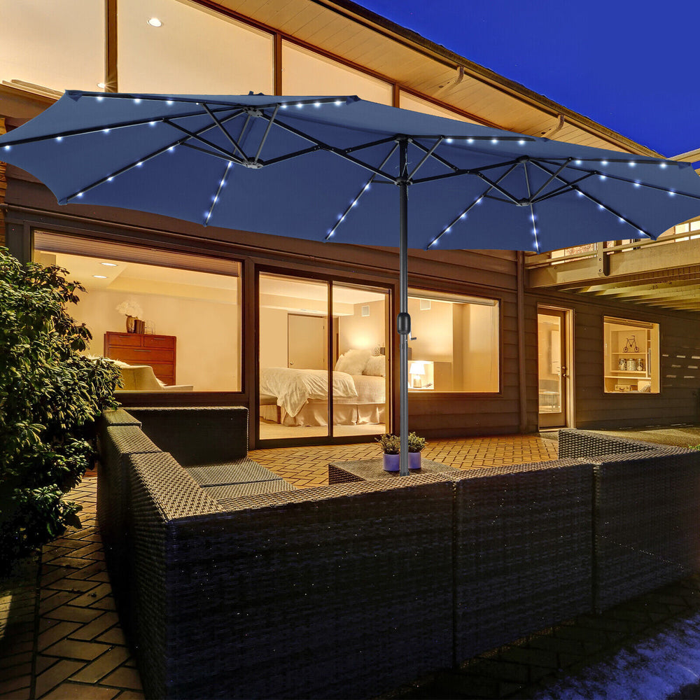 15 Feet Twin Patio Umbrella with 48 Solar LED Lights-Navy - Gallery View 1 of 11