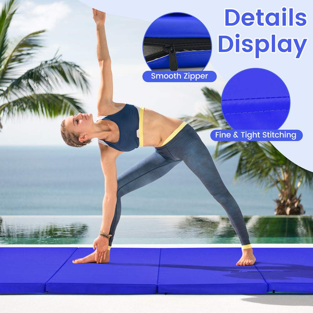 4-panel folding gymnastics mat in navy with smooth zipper, fine stitching, ideal for yoga and home gym use.