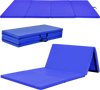 4-panel folding gymnastics mat in navy with carrying handles, featuring a wear-resistant PU cover and high-density foam.