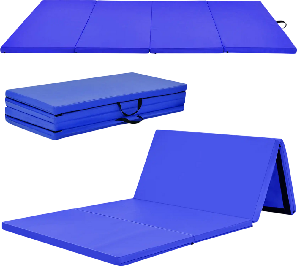 4-panel folding gymnastics mat in navy with carrying handles, featuring a wear-resistant PU cover and high-density foam.