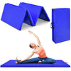 4-panel folding gymnastics mat in navy with carrying handles, ideal for yoga, Pilates, and martial arts at home.