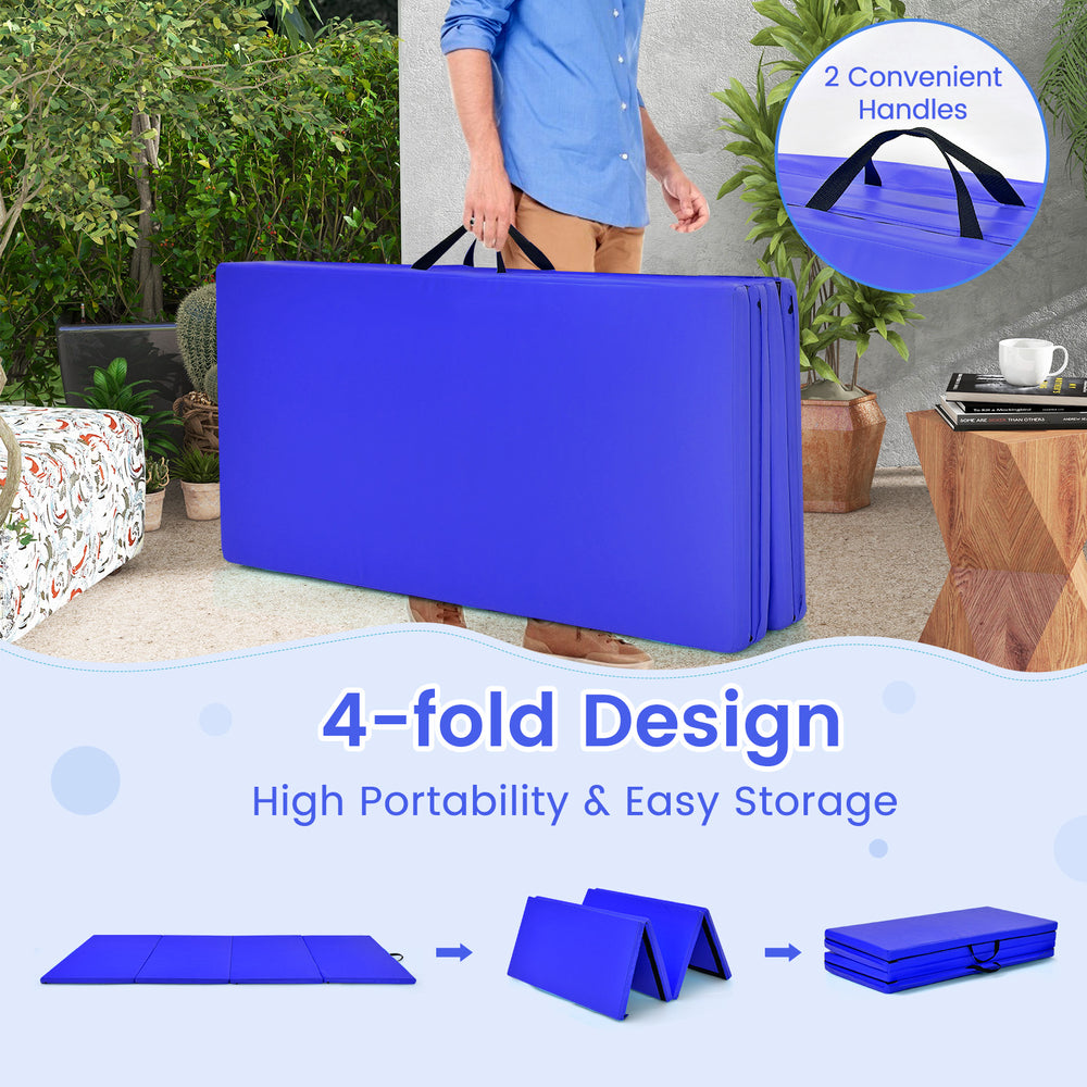 4-panel folding gymnastics mat in navy with carrying handles, designed for easy storage and high portability for home.