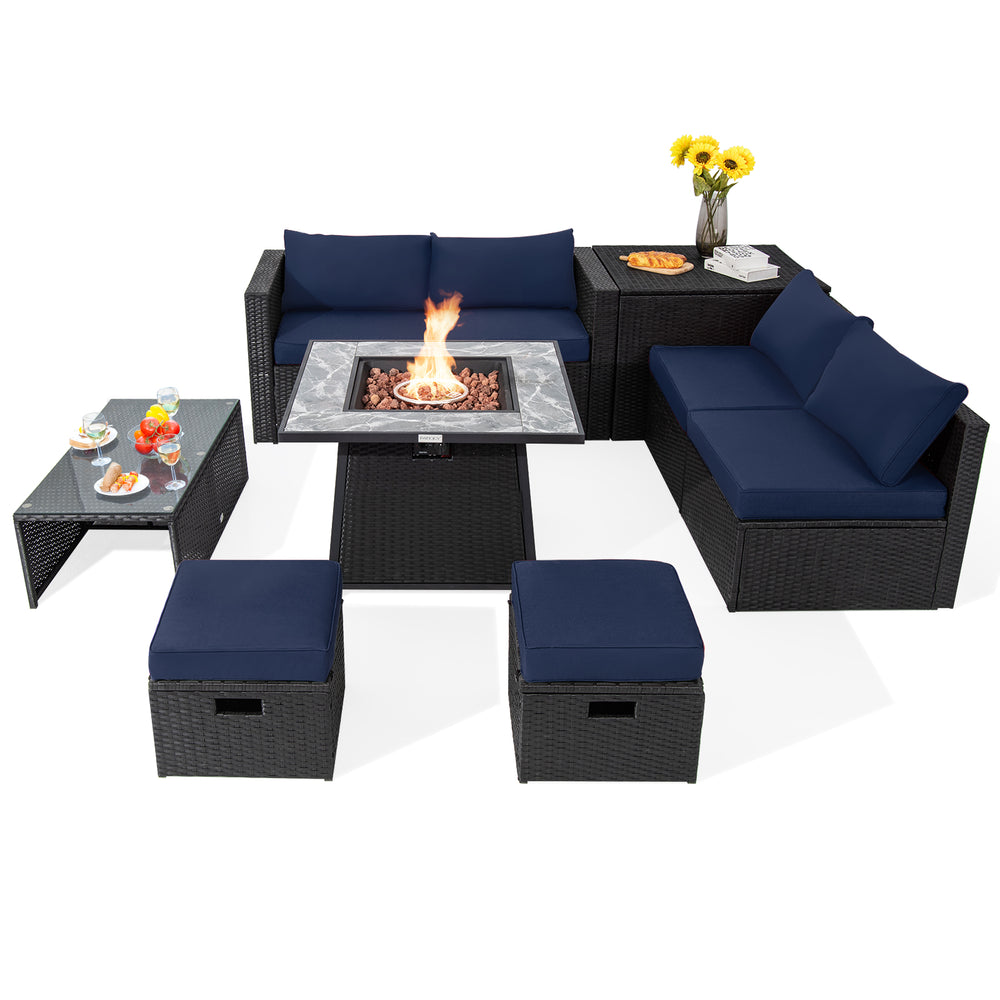 9-piece outdoor wicker sectional set with navy cushions and 35-inch gas fire pit table for cozy patio gatherings.