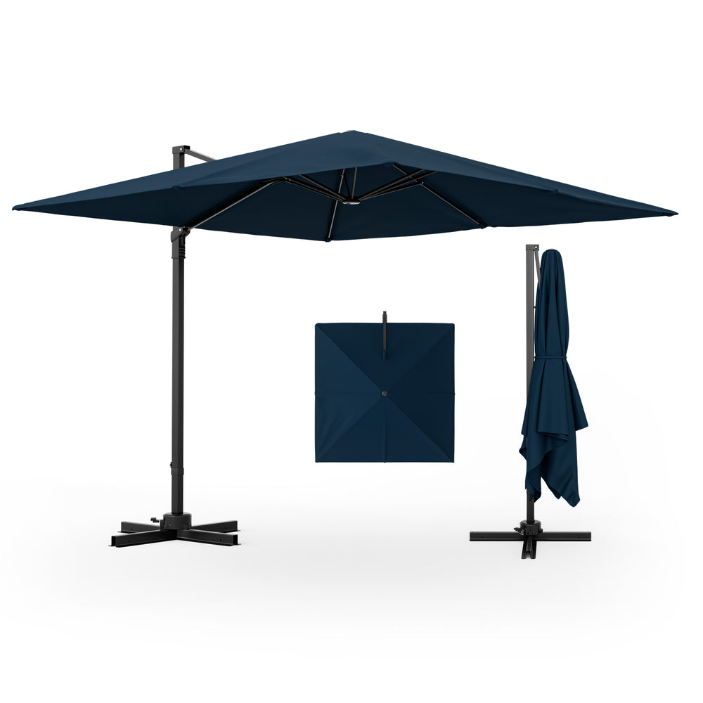 Navy 9.5 feet square patio cantilever umbrella with 360° rotation, featuring a rustproof aluminum pole and vented top.