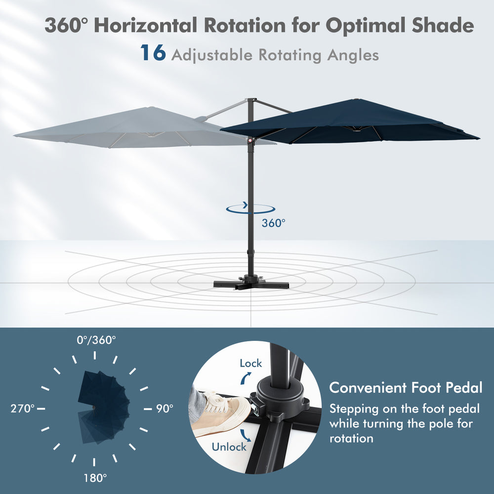 9.5 feet square patio cantilever umbrella in navy with 360° rotation, featuring a sturdy aluminum pole and vented top.