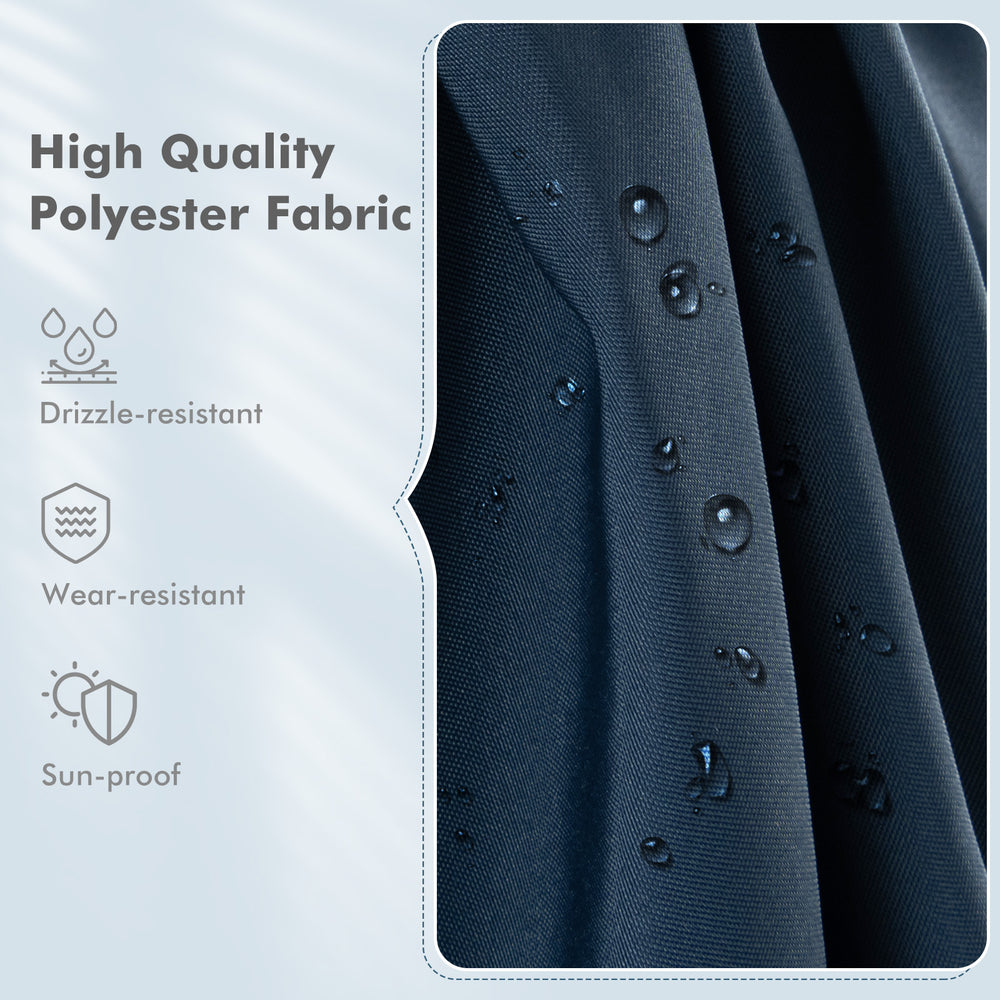Close-up of high-quality navy polyester fabric with water droplets, showcasing drizzle-resistant and sun-proof features.
