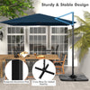 9.5 feet square navy patio cantilever umbrella with rustproof aluminum pole and 360° rotation for optimal shade.
