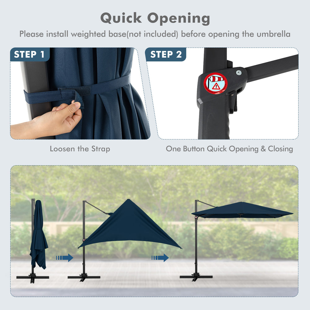 9.5 feet square navy patio cantilever umbrella showcasing quick opening steps and 360° rotation for optimal shade.