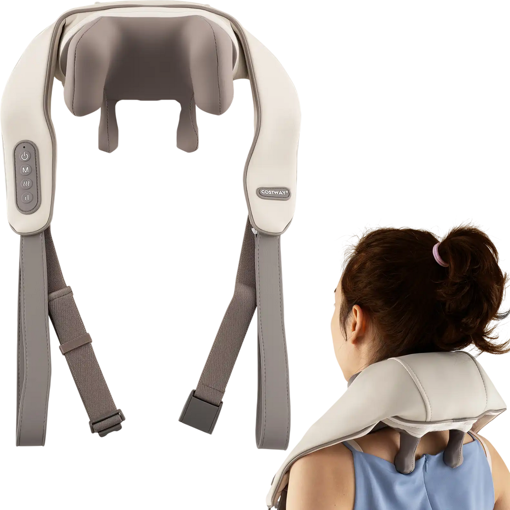 Neck shoulder massager in beige with adjustable straps, offering 4D shiatsu massage for deep relaxation at home or.