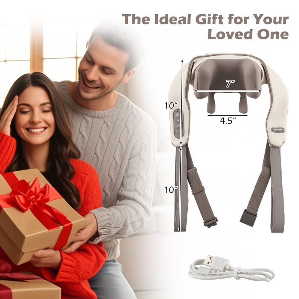 Neck shoulder massager in beige with adjustable straps and heating, ideal for deep tissue relaxation at home or office.