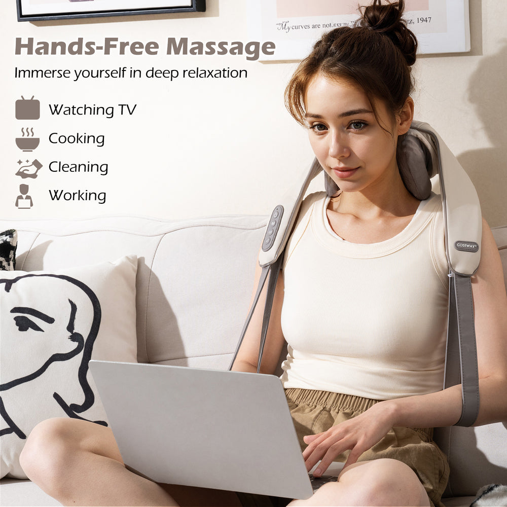 Beige neck and shoulder massager with adjustable straps, ideal for hands-free relaxation at home or office.