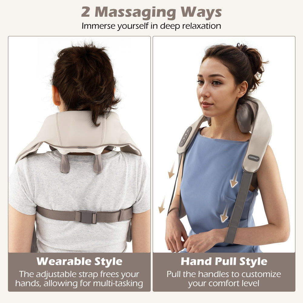 Wearable neck shoulder massager in beige, featuring pulling handles for customizable comfort and deep tissue shiatsu.