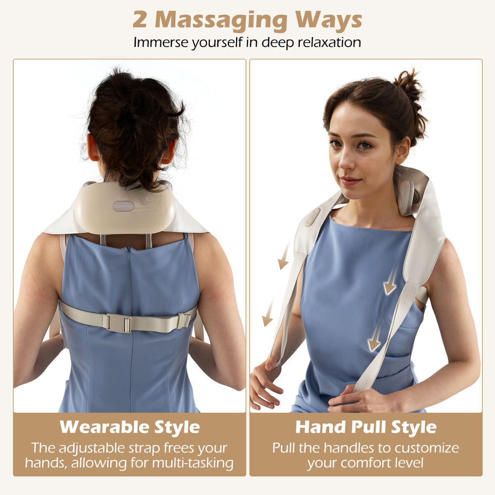 Neck shoulder massager in beige with adjustable straps and pulling handles for customizable comfort and relaxation.