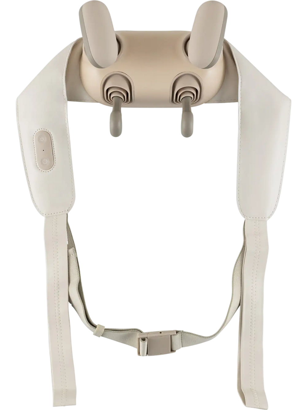 Neck shoulder massager in beige with adjustable straps, 2 heat levels, and 4 massage heads for pain relief.