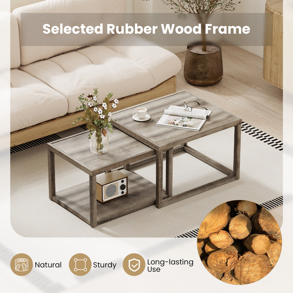 Nesting coffee table set of 2 in gray with rubber wood frame, perfect for versatile storage in any room.