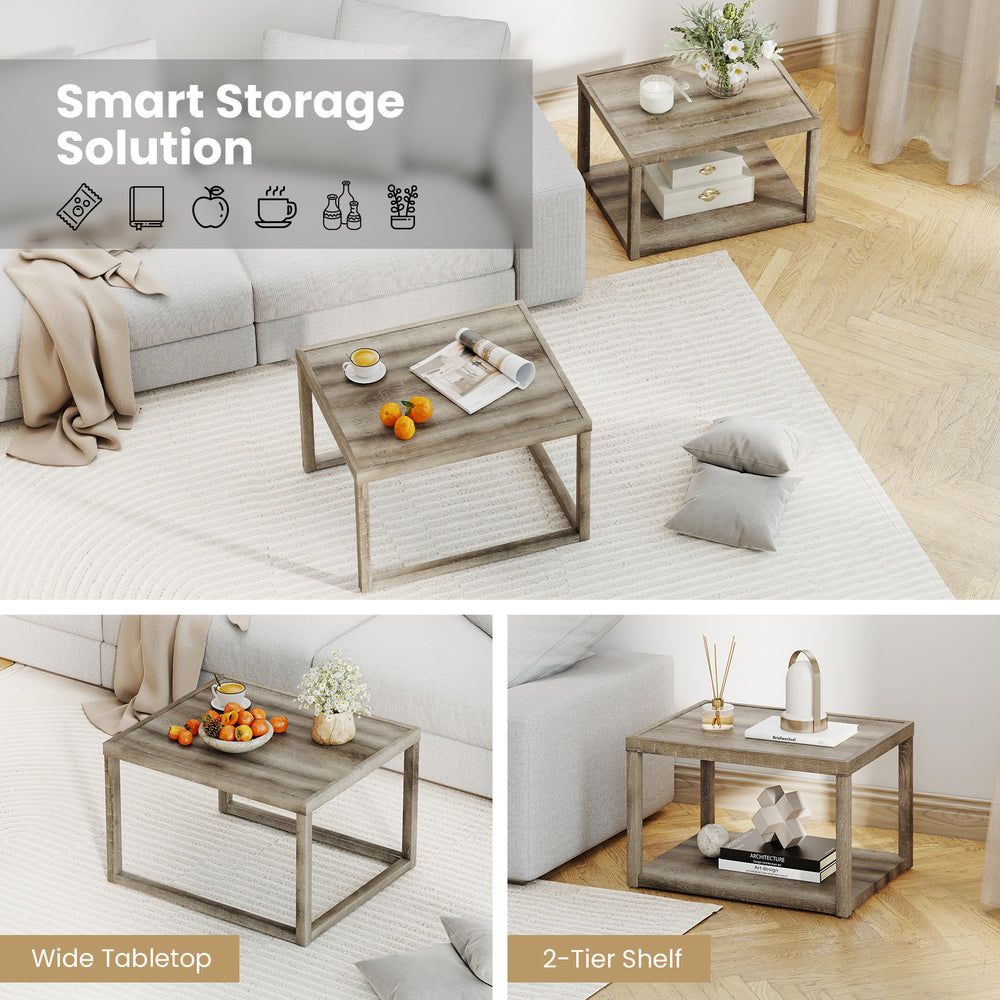 Nesting coffee table set of 2 in gray with spacious tabletop and bottom shelf for organized storage in any room.
