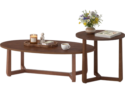 Costway Nesting Coffee Table Set of 2 Wood Veneer Top Rubber Wood Legs 38073648 New