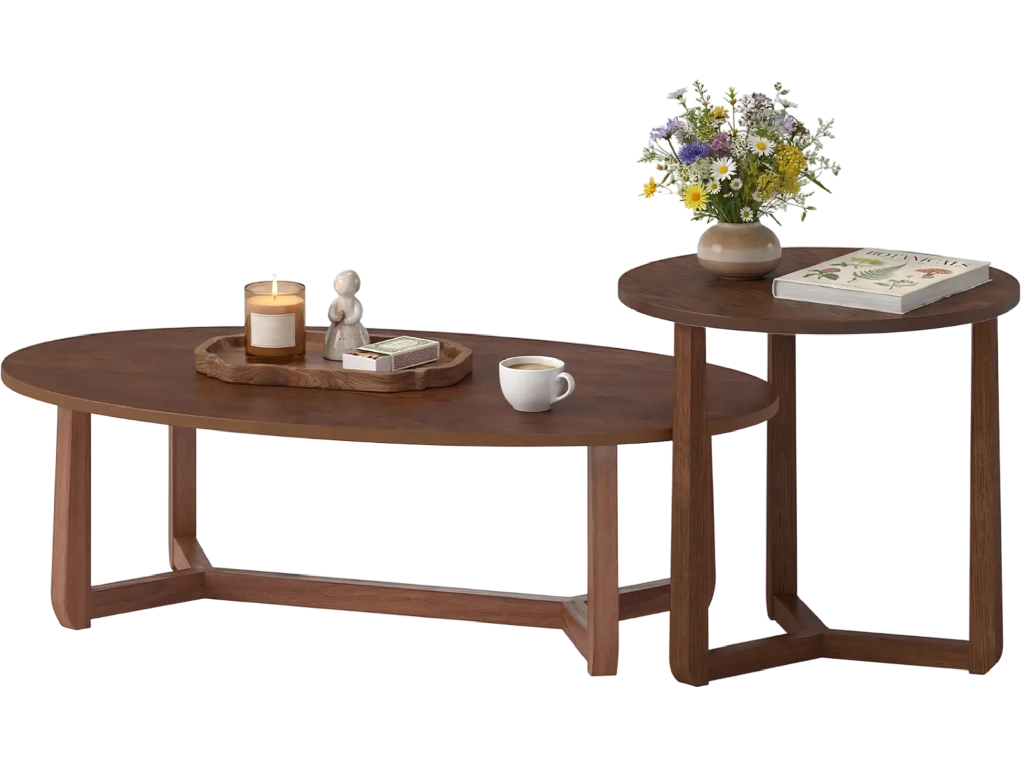 Costway 2-Pc Nesting Coffee Table Set Wood Veneer Top Rubber Wood Legs 38073648 New