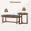Nesting coffee table set dimensions showing oval and round tables with walnut wood veneer tops and rubberwood legs.