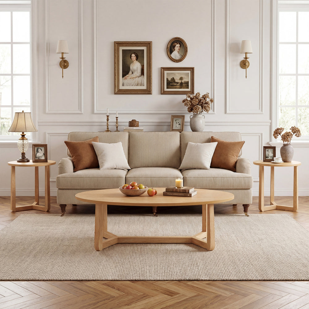 Nesting coffee table set of 3 with wood veneered tops and solid rubberwood legs, perfect for living room storage.