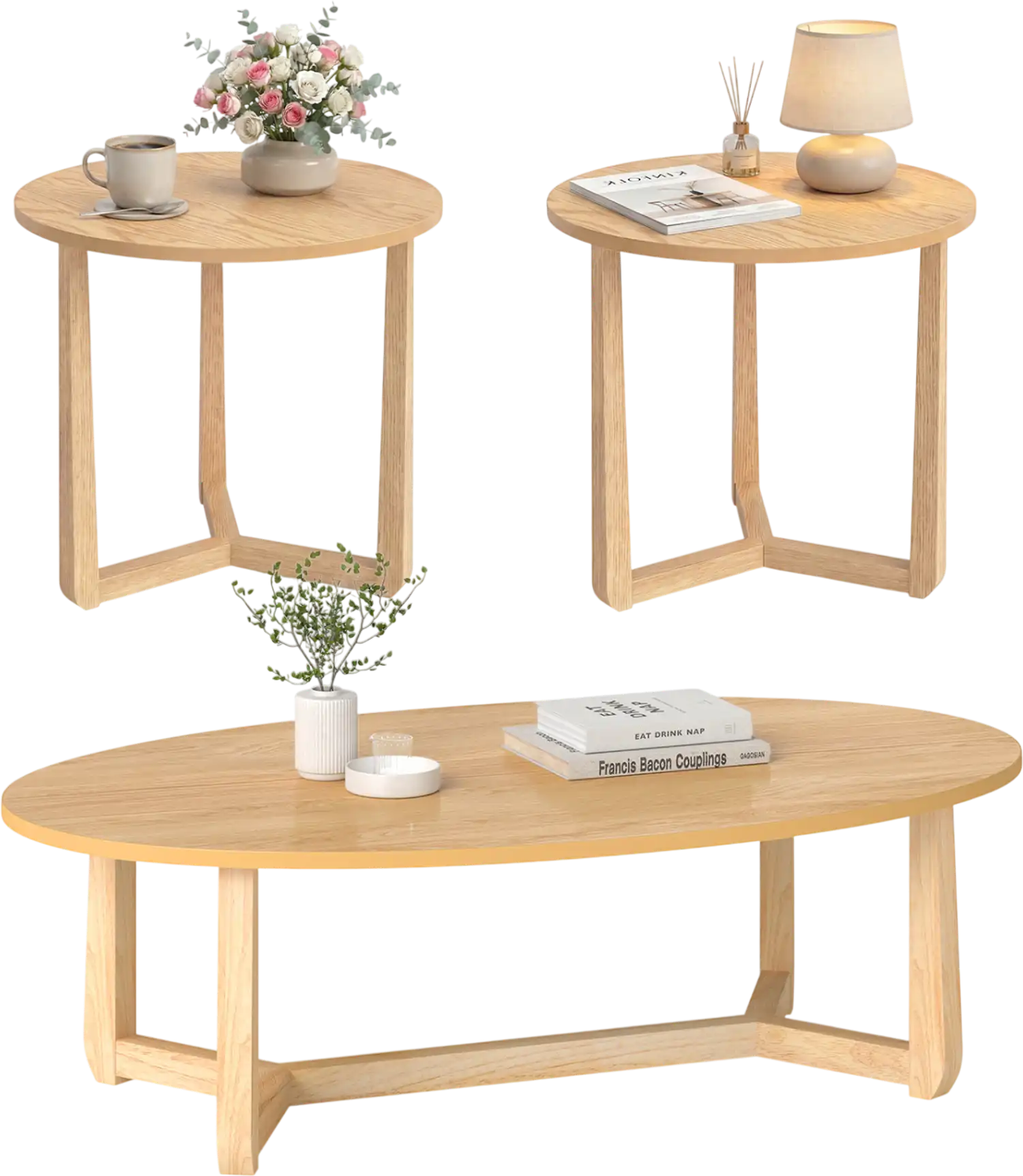 Costway Nesting Coffee Table Set of 3 Wood Veneer Top Solid Rubber Wood Legs 60698443 New