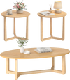 Nesting coffee table set of 3 with wood veneer tops and solid rubberwood legs, ideal for living room storage.