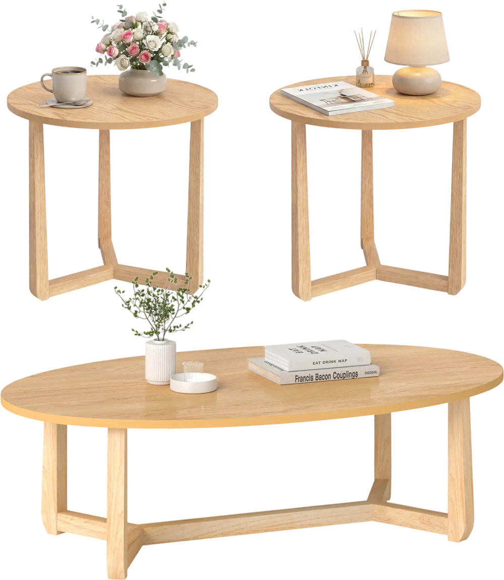 Nesting coffee table set of 3 with wood veneer tops and solid rubberwood legs, ideal for living room storage.