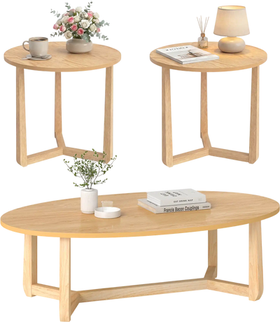 Costway Nesting Coffee Table Set of 3 Wood Veneer Top Solid Rubber Wood Legs 60698443 New