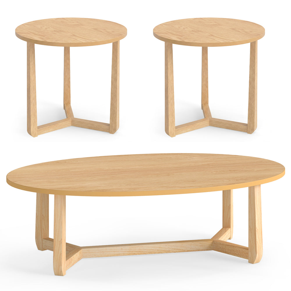 Nesting coffee table set of 3 with wood veneer tops and solid rubberwood legs, perfect for living room storage.